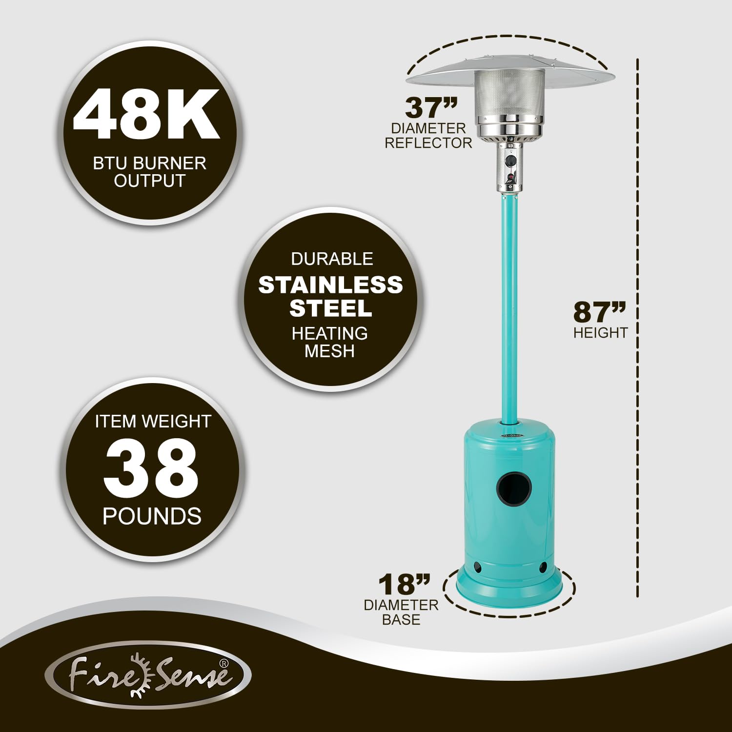 Fire Sense 61130 All Seasons Patio Heater With Wheels 48,000 BTU Output Electronic Ignition System Portable Outdoor Propane Heater Patio Heater - Aqua Blue - CookCave