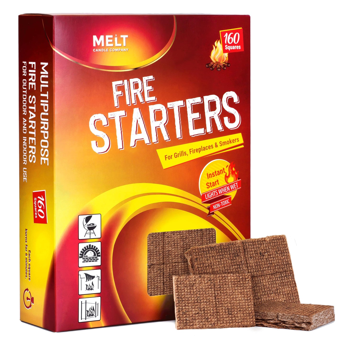 Fire Starter Squares, 160 pcs - Fire Starters for Campfires, Grill, Outdoor Fire Pit, Fireplace, BBQ - Fire Starter Kit, Water Resistant & Odorless - Camping Accessories - CookCave