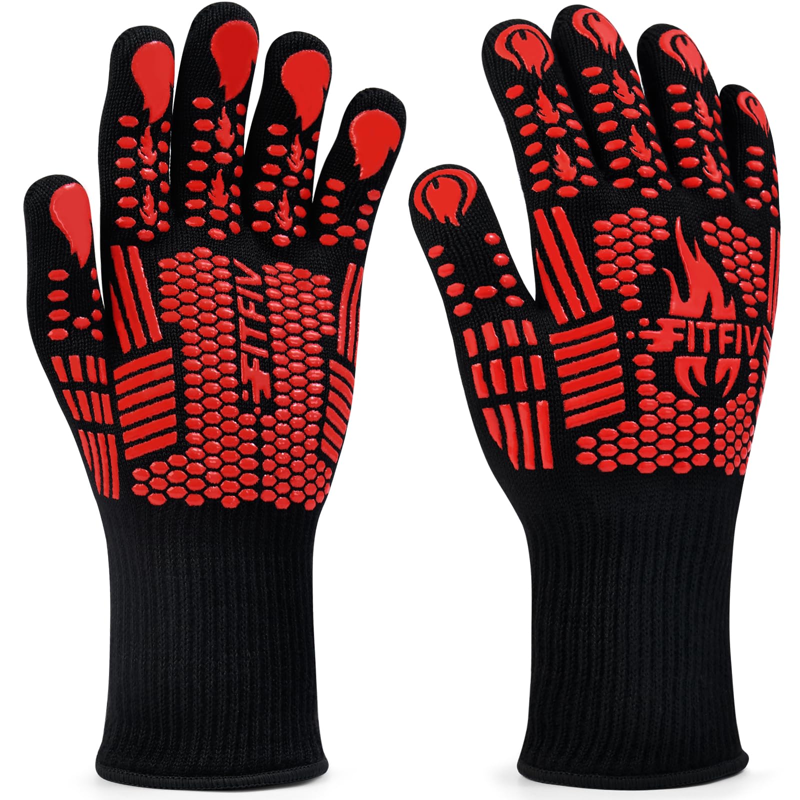 FITFIV BBQ Gloves, Oven Gloves, Extreme Heat Resistant Barbecue Gloves, Silicone Non-Slip Oven Mitts, Kitchen Gloves for Cooking, Grilling, and Baking (Red) - CookCave