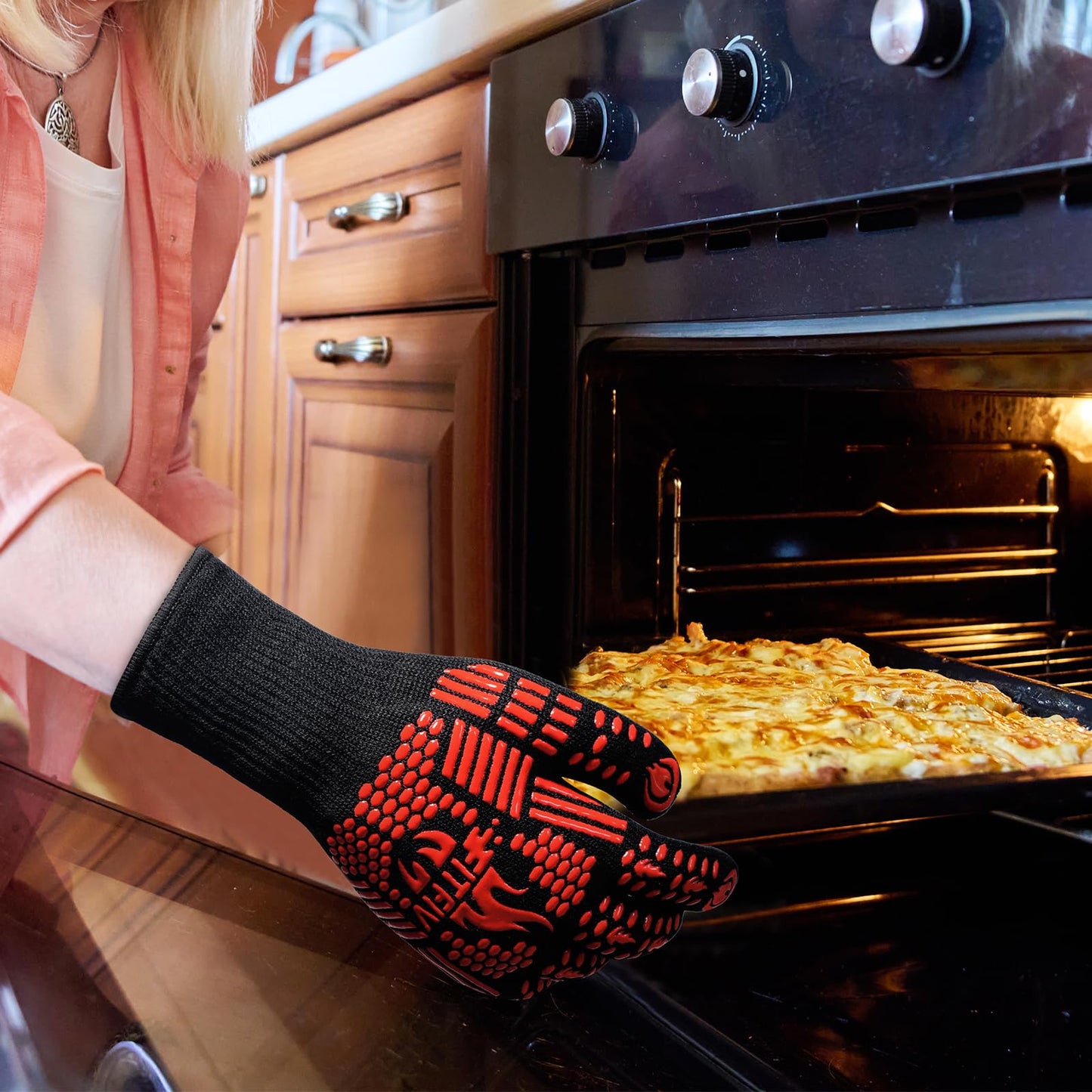 FITFIV BBQ Gloves, Oven Gloves, Extreme Heat Resistant Barbecue Gloves, Silicone Non-Slip Oven Mitts, Kitchen Gloves for Cooking, Grilling, and Baking (Red) - CookCave