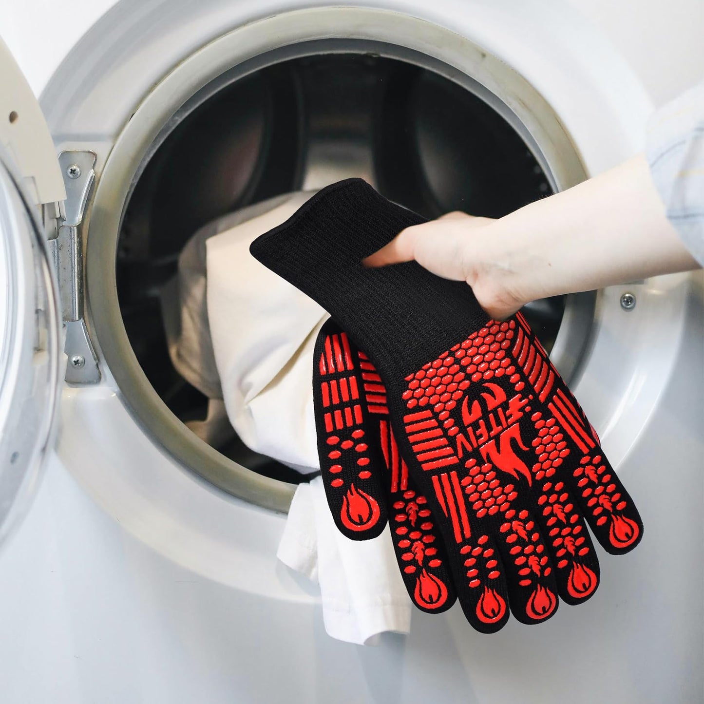 FITFIV BBQ Gloves, Oven Gloves, Extreme Heat Resistant Barbecue Gloves, Silicone Non-Slip Oven Mitts, Kitchen Gloves for Cooking, Grilling, and Baking (Red) - CookCave