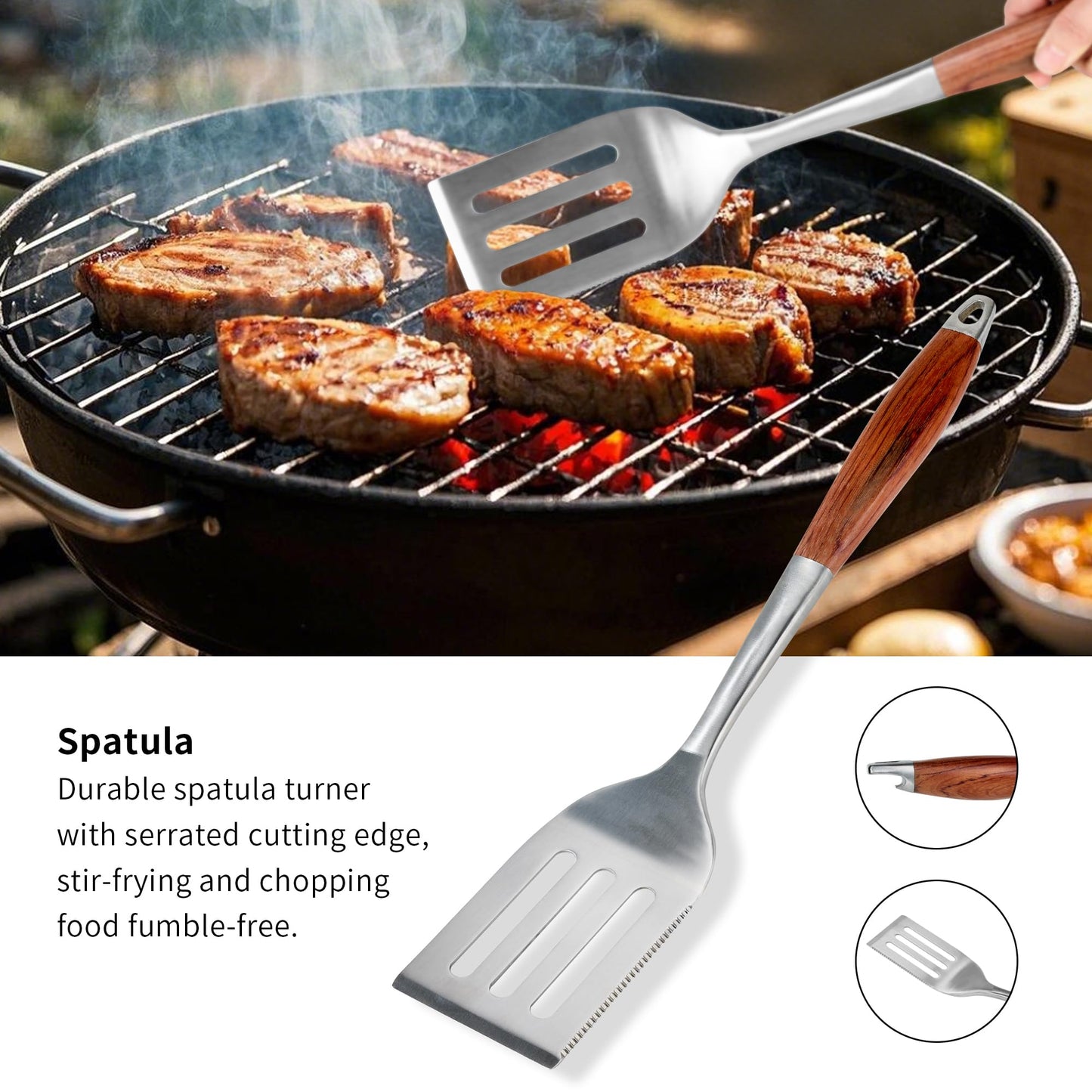 FJNATINH Heavy-Duty Grilling Accessories Rose Wooden BBQ Grilling Tools Set,Outdoor Grill Set with Spatula, Fork & Tongs,Essential Accessories for Barbecue & Grill. Ideal Gift for Men - CookCave