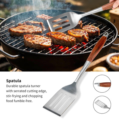 FJNATINH Heavy-Duty Grilling Accessories Rose Wooden BBQ Grilling Tools Set,Outdoor Grill Set with Spatula, Fork, Brush & Tongs,Essential Accessories for Barbecue & Grill. Ideal Gift for Men - CookCave