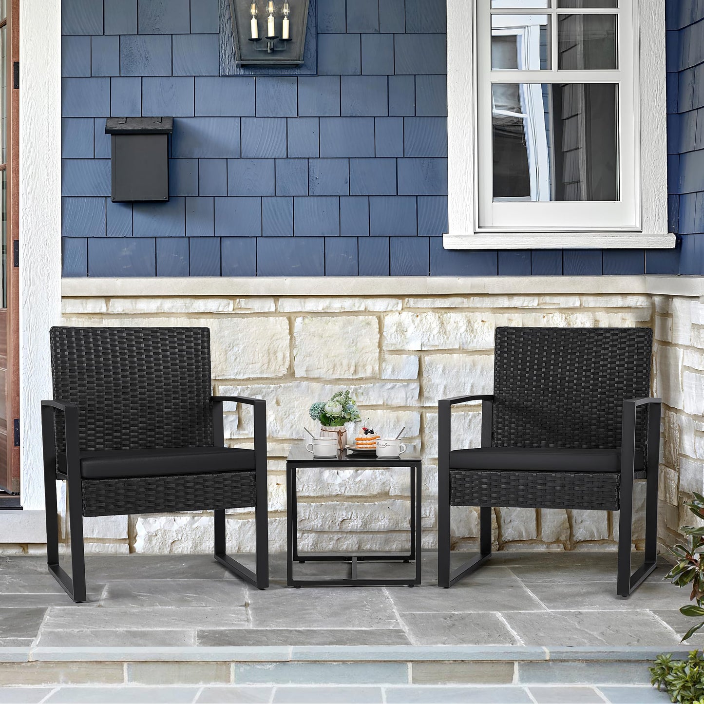 Flamaker 3 Pieces Patio Set Outdoor Wicker Furniture Sets Modern Rattan Chair Conversation Sets with Coffee Table for Yard and Bistro (Black) - CookCave