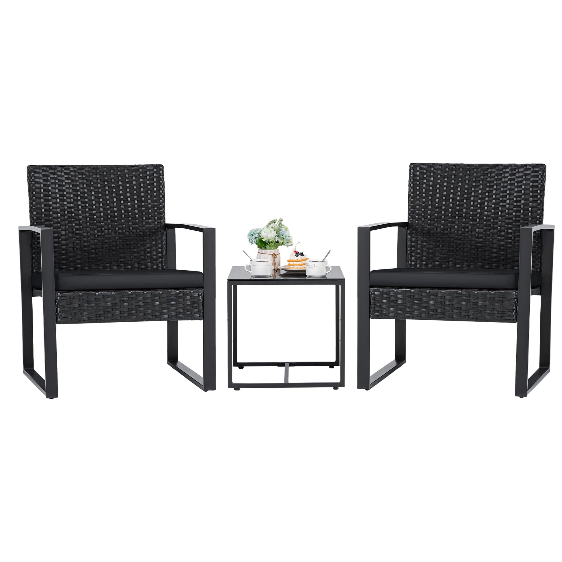 Flamaker 3 Pieces Patio Set Outdoor Wicker Furniture Sets Modern Rattan Chair Conversation Sets with Coffee Table for Yard and Bistro (Black) - CookCave