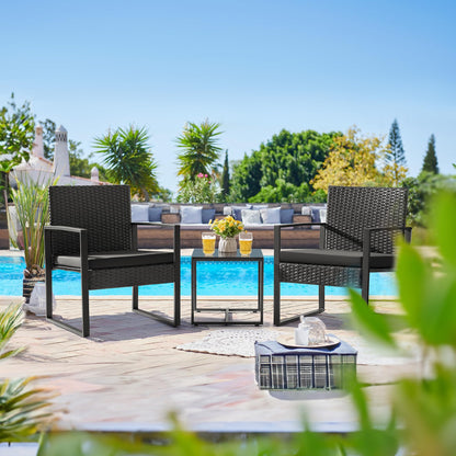 Flamaker 3 Pieces Patio Set Outdoor Wicker Furniture Sets Modern Rattan Chair Conversation Sets with Coffee Table for Yard and Bistro (Black) - CookCave