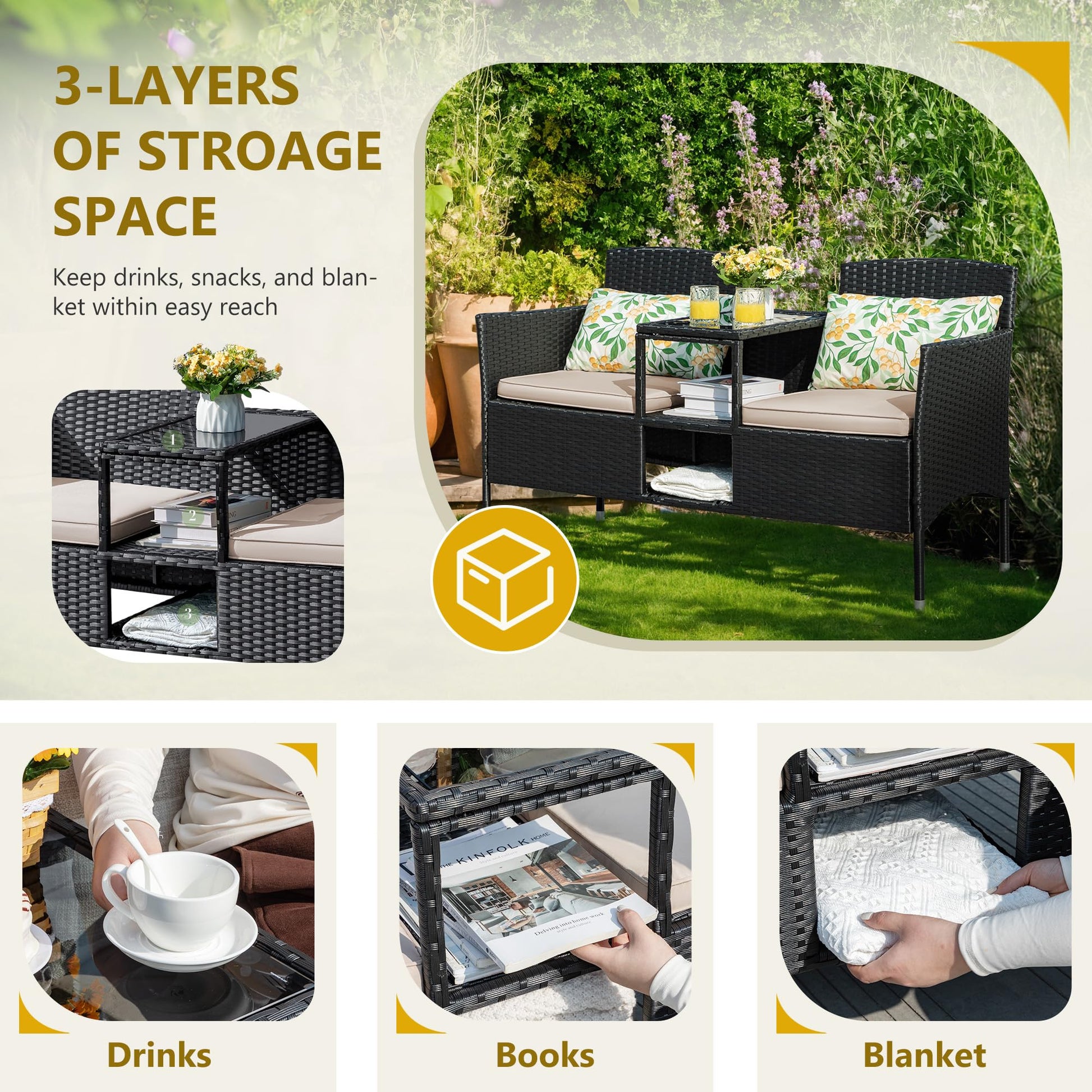 Flamaker Outdoor Furniture Patio Loveseat Wicker 2-Seat with Built-in Table and Cushions Rattan Porch Chairs Bench for Balcony, Lawn, Backyard (Beige) - CookCave