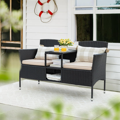 Flamaker Outdoor Furniture Patio Loveseat Wicker 2-Seat with Built-in Table and Cushions Rattan Porch Chairs Bench for Balcony, Lawn, Backyard (Beige) - CookCave