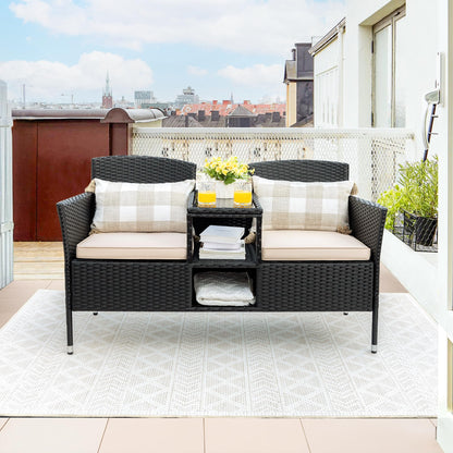 Flamaker Outdoor Furniture Patio Loveseat Wicker 2-Seat with Built-in Table and Cushions Rattan Porch Chairs Bench for Balcony, Lawn, Backyard (Beige) - CookCave