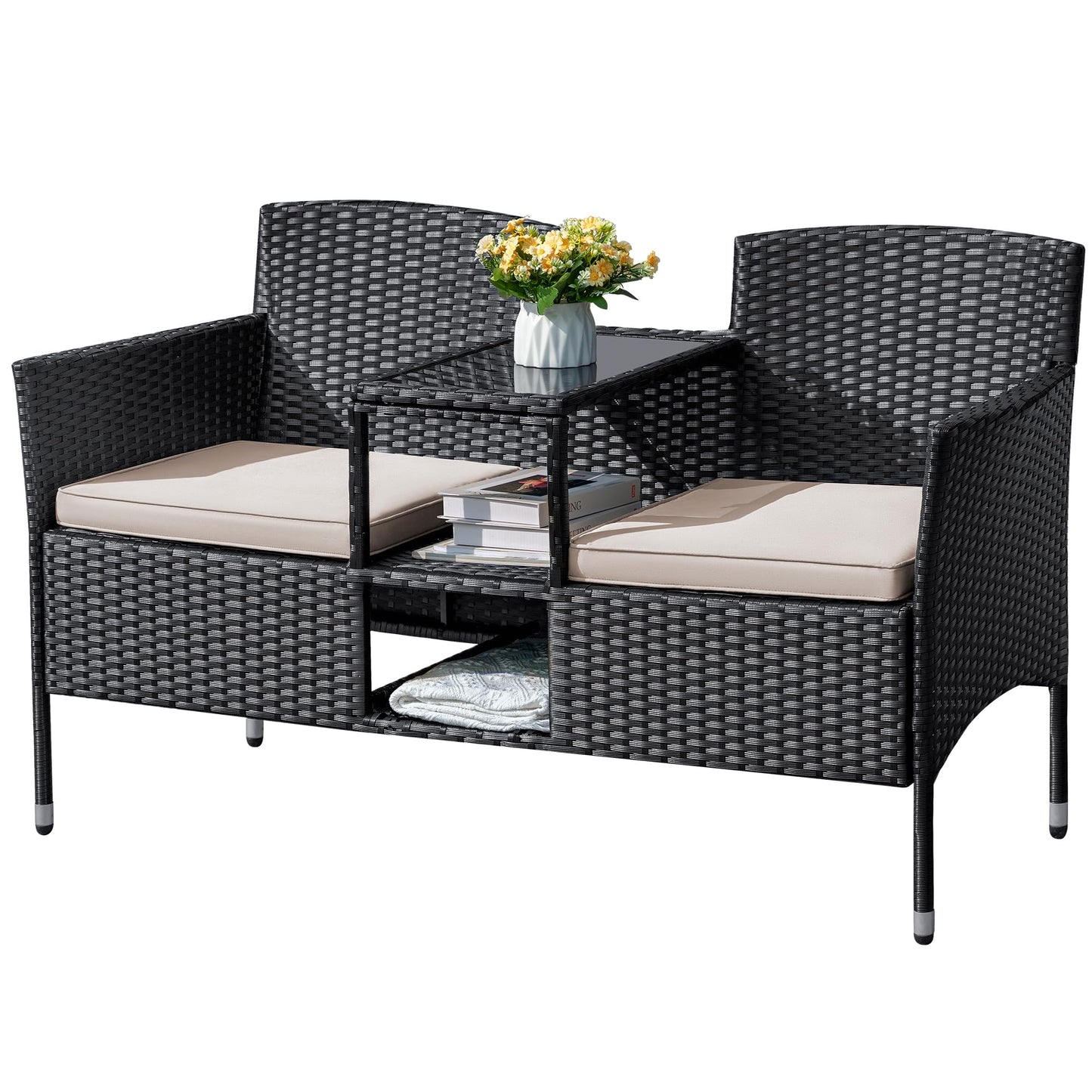 Flamaker Outdoor Furniture Patio Loveseat Wicker 2-Seat with Built-in Table and Cushions Rattan Porch Chairs Bench for Balcony, Lawn, Backyard (Beige) - CookCave