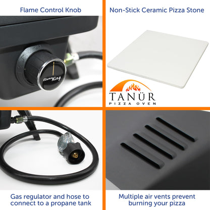 Flame King TANUR 12-inch Portable Outdoor Propane Oven Countertop for Camping, Backyard, and Tailgating, Multiple Air Vents, Piezo Auto Ignition, Non-Stick Pizza Stone, Black - CookCave
