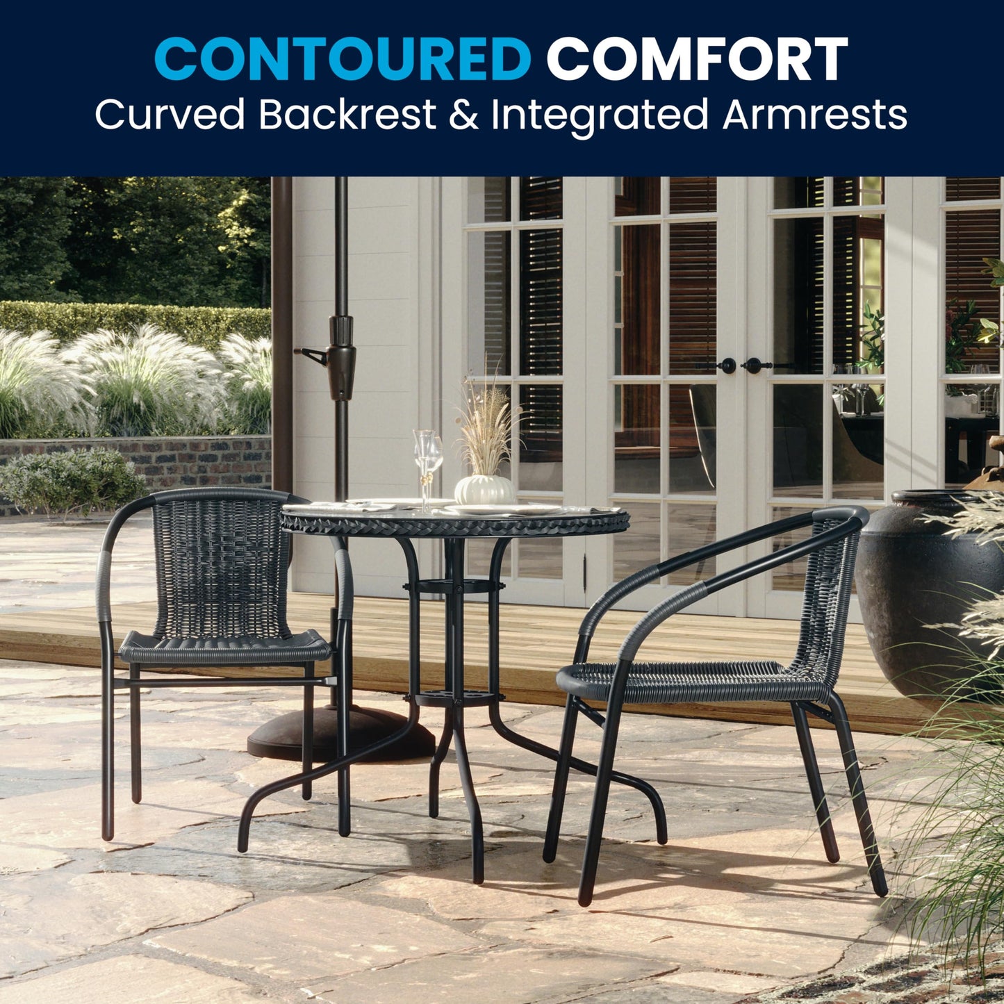 Flash Furniture 3-Piece Patio Dining Set with Round Glass Metal Table and 2 Stackable Rattan Chairs, Indoor/Outdoor Bistro Table and Chairs Set, Gray - CookCave