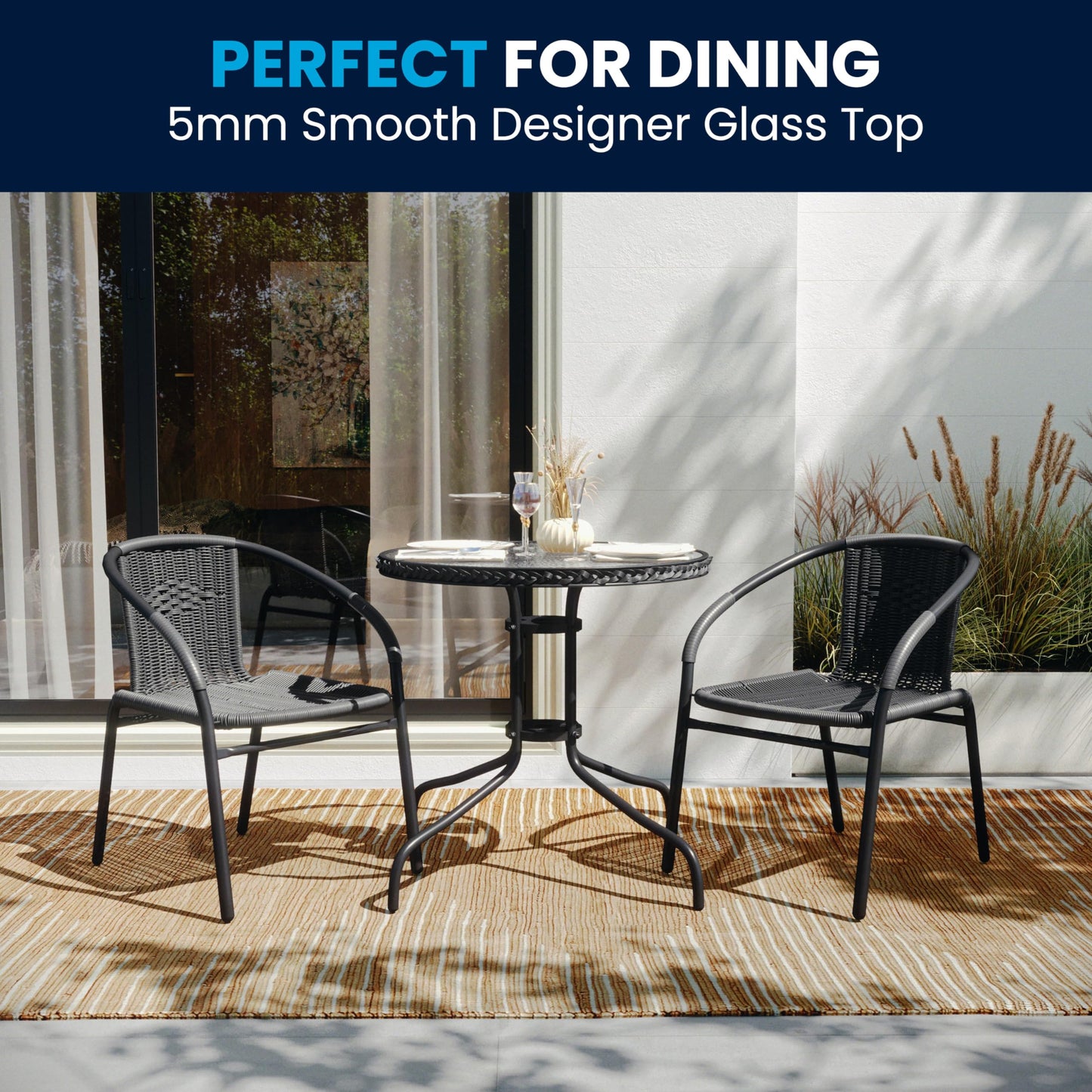 Flash Furniture 3-Piece Patio Dining Set with Round Glass Metal Table and 2 Stackable Rattan Chairs, Indoor/Outdoor Bistro Table and Chairs Set, Gray - CookCave