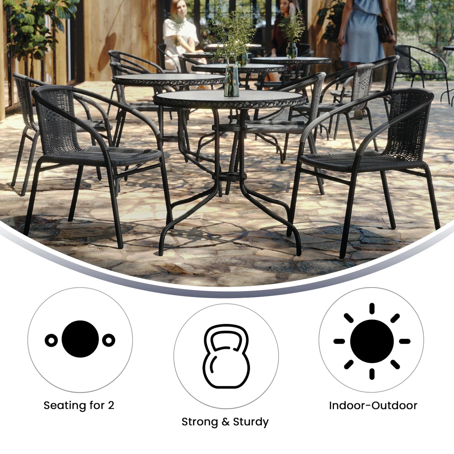 Flash Furniture 3-Piece Patio Dining Set with Round Glass Metal Table and 2 Stackable Rattan Chairs, Indoor/Outdoor Bistro Table and Chairs Set, Gray - CookCave