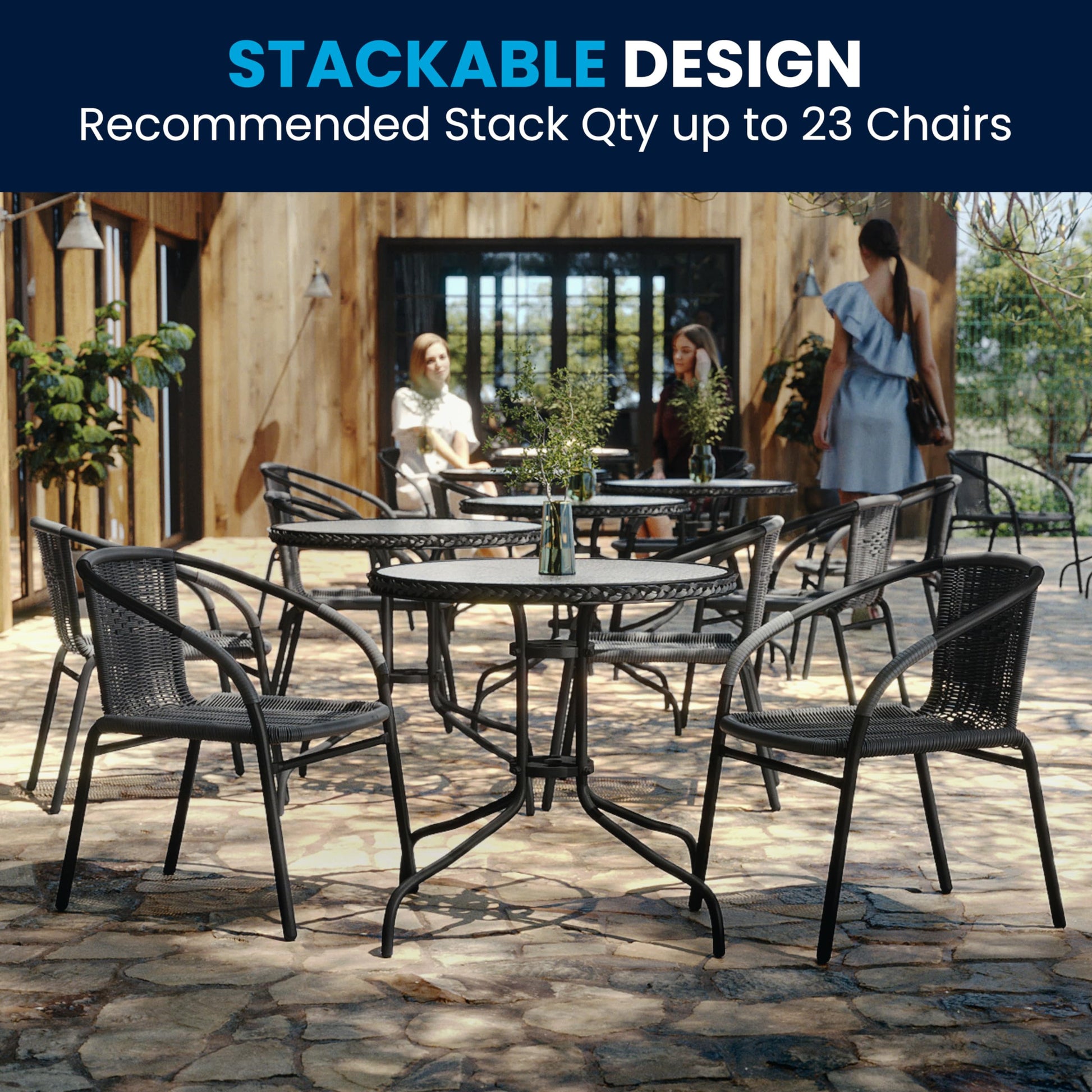 Flash Furniture 3-Piece Patio Dining Set with Round Glass Metal Table and 2 Stackable Rattan Chairs, Indoor/Outdoor Bistro Table and Chairs Set, Gray - CookCave