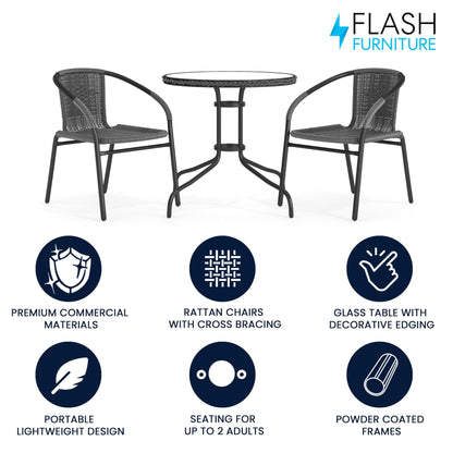 Flash Furniture 3-Piece Patio Dining Set with Round Glass Metal Table and 2 Stackable Rattan Chairs, Indoor/Outdoor Bistro Table and Chairs Set, Gray - CookCave