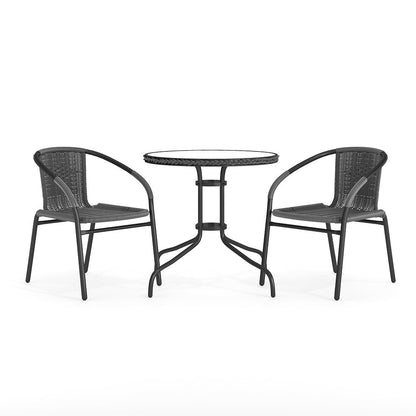 Flash Furniture 3-Piece Patio Dining Set with Round Glass Metal Table and 2 Stackable Rattan Chairs, Indoor/Outdoor Bistro Table and Chairs Set, Gray - CookCave