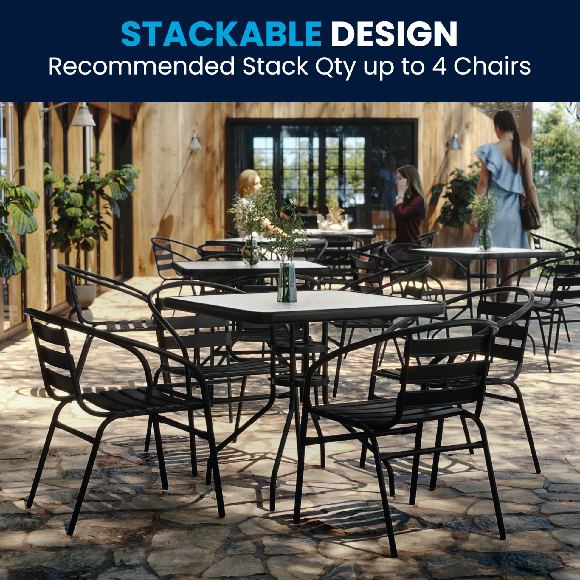 Flash Furniture 5-Piece Patio Dining Set with 31.5" Square Glass Metal Table and 4 Stackable Slat Back Chairs, Indoor/Outdoor Bistro Set, Black - CookCave