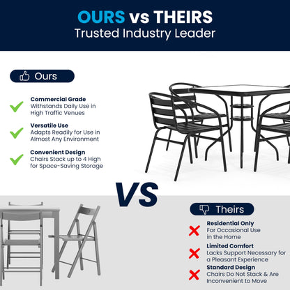 Flash Furniture 5-Piece Patio Dining Set with 31.5" Square Glass Metal Table and 4 Stackable Slat Back Chairs, Indoor/Outdoor Bistro Set, Black - CookCave