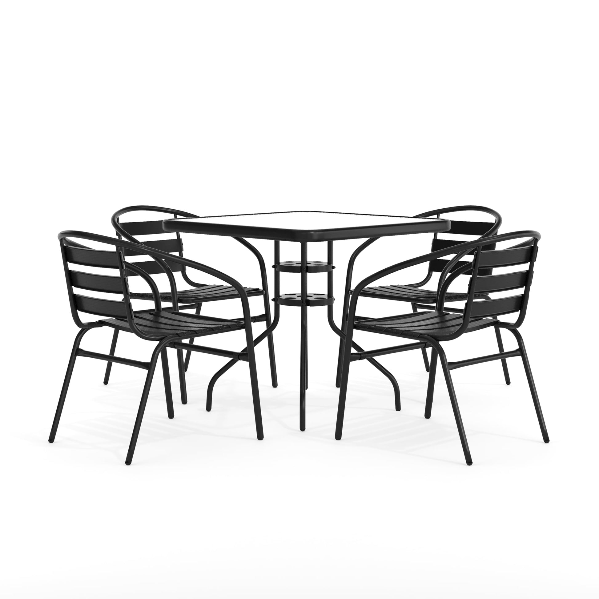 Flash Furniture 5-Piece Patio Dining Set with 31.5" Square Glass Metal Table and 4 Stackable Slat Back Chairs, Indoor/Outdoor Bistro Set, Black - CookCave