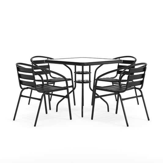 Flash Furniture 5-Piece Patio Dining Set with 31.5" Square Glass Metal Table and 4 Stackable Slat Back Chairs, Indoor/Outdoor Bistro Set, Black - CookCave