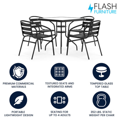 Flash Furniture 5-Piece Patio Dining Set with 31.5" Square Glass Metal Table and 4 Stackable Slat Back Chairs, Indoor/Outdoor Bistro Set, Black - CookCave