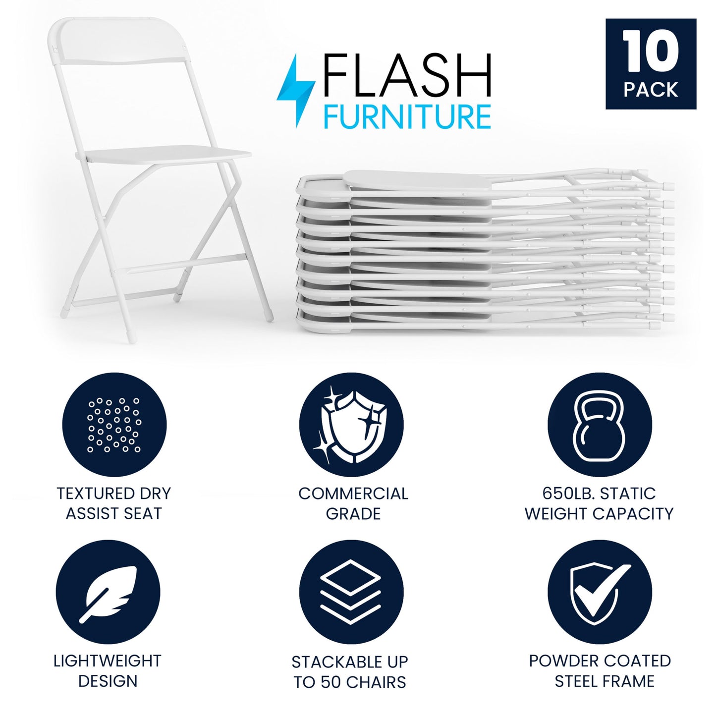 Flash Furniture Hercules Set of 10 Indoor/Outdoor Heavy-Duty Plastic Folding Chairs, Foldable Commercial Stacking Chairs with 650-lb. Static Weight Capacity, White - CookCave