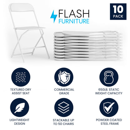 Flash Furniture Hercules Set of 10 Indoor/Outdoor Heavy-Duty Plastic Folding Chairs, Foldable Commercial Stacking Chairs with 650-lb. Static Weight Capacity, White - CookCave