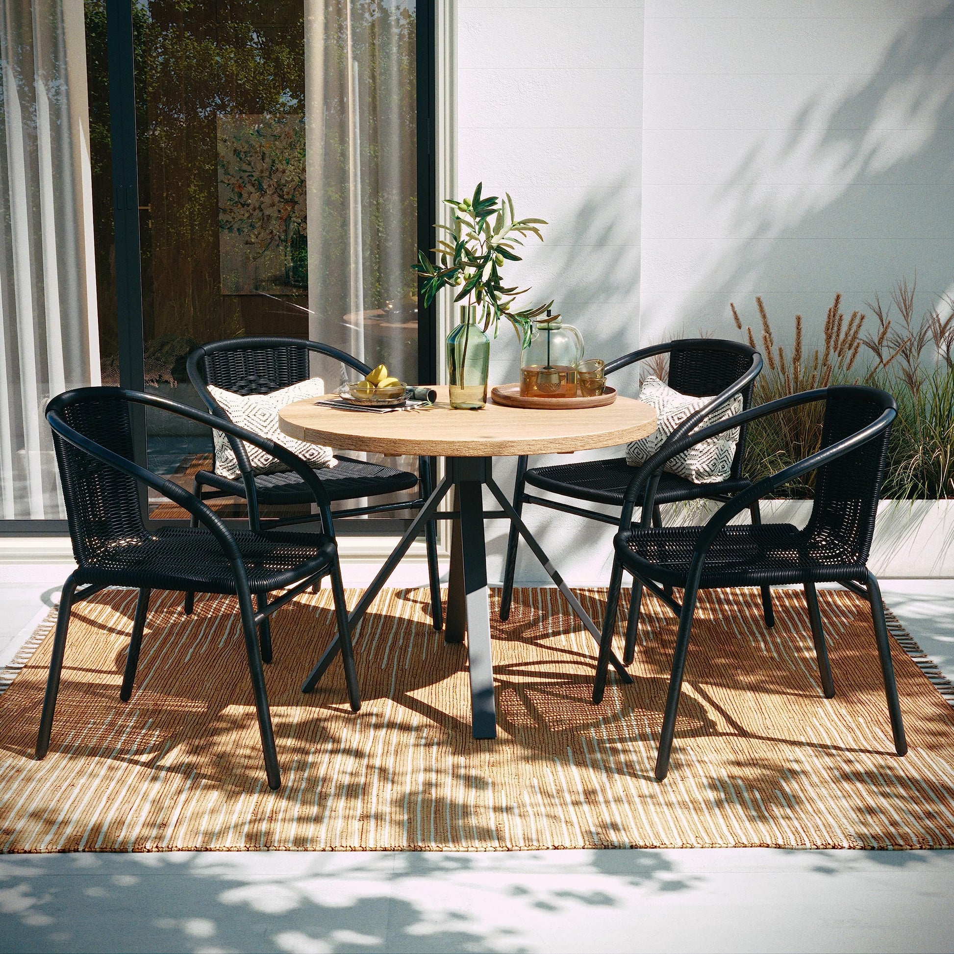 Flash Furniture Lila Modern Rattan Indoor/Outdoor Stackable Dining Chairs, Stacking Rattan Bistro Chairs for Patio or Restaurant, Set of 4, Black - CookCave