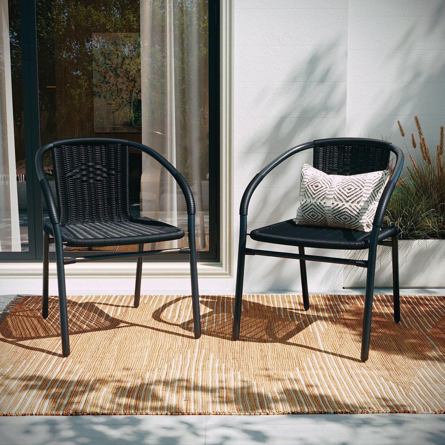 Flash Furniture Lila Modern Rattan Indoor/Outdoor Stackable Dining Chairs, Stacking Rattan Bistro Chairs for Patio or Restaurant, Set of 4, Black - CookCave
