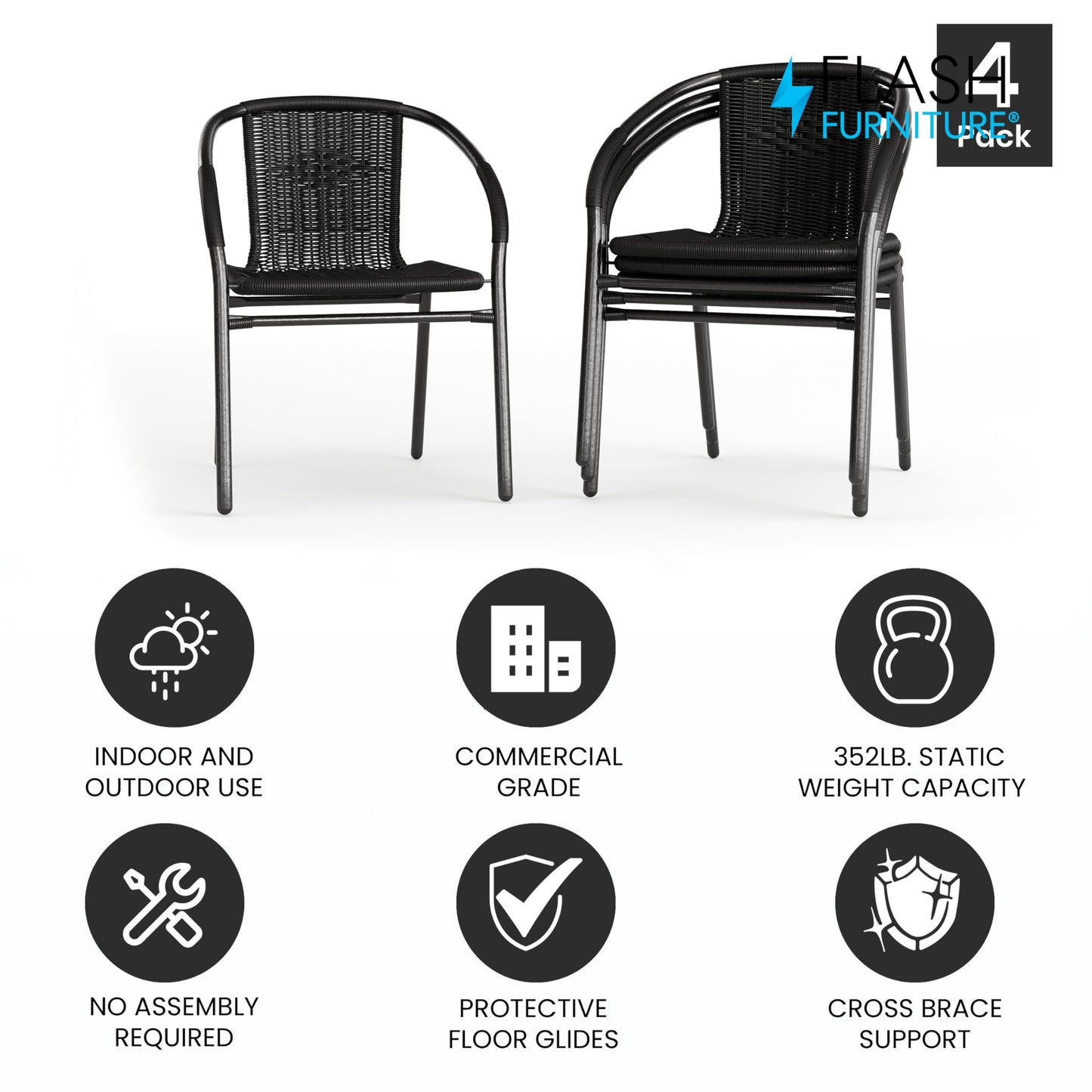Flash Furniture Lila Modern Rattan Indoor/Outdoor Stackable Dining Chairs, Stacking Rattan Bistro Chairs for Patio or Restaurant, Set of 4, Black - CookCave