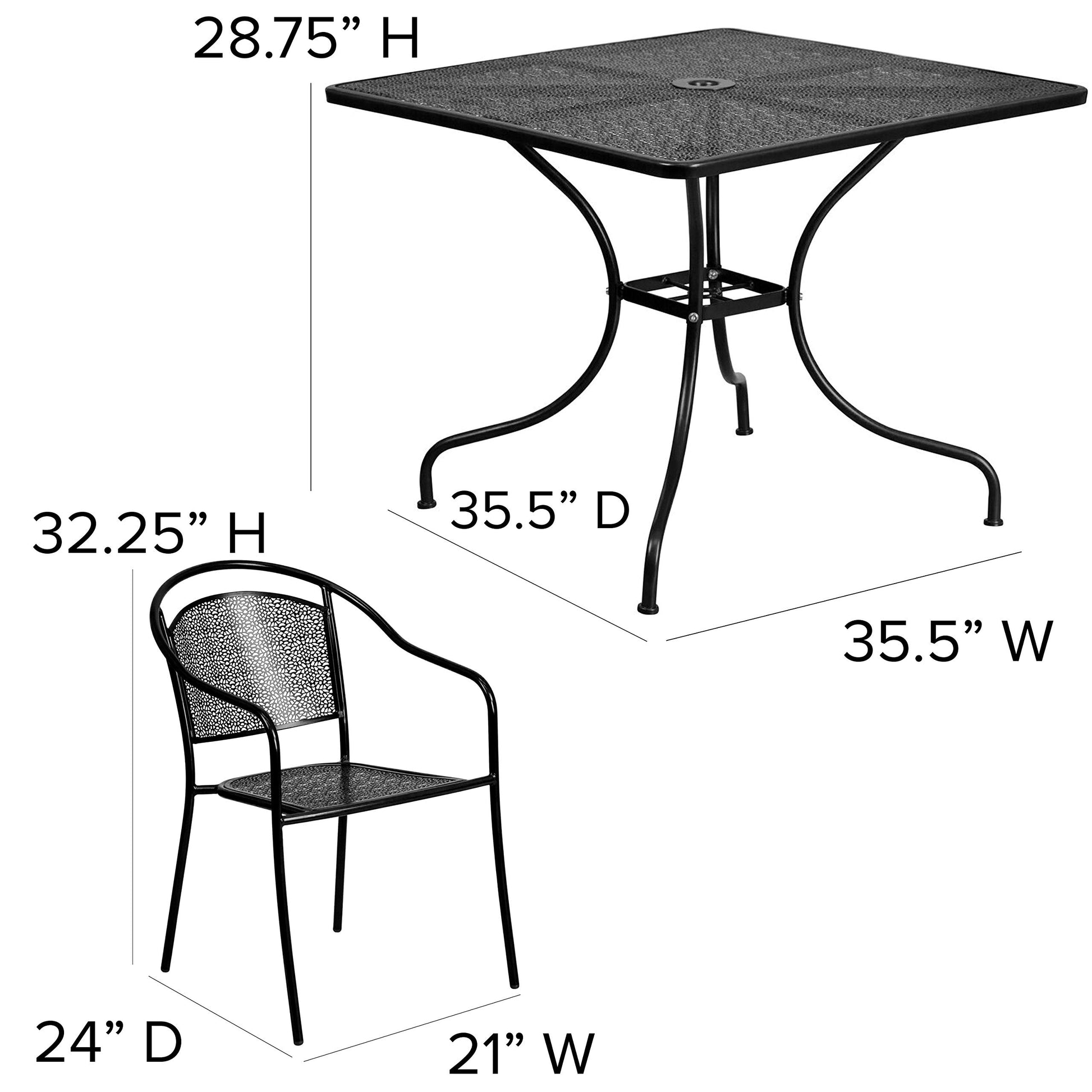 Flash Furniture Oia 5-Piece Commercial Grade Steel Patio Table and Chairs Set, Outdoor Dining Set with Square Table and 4 Round Back Chairs, Black - CookCave