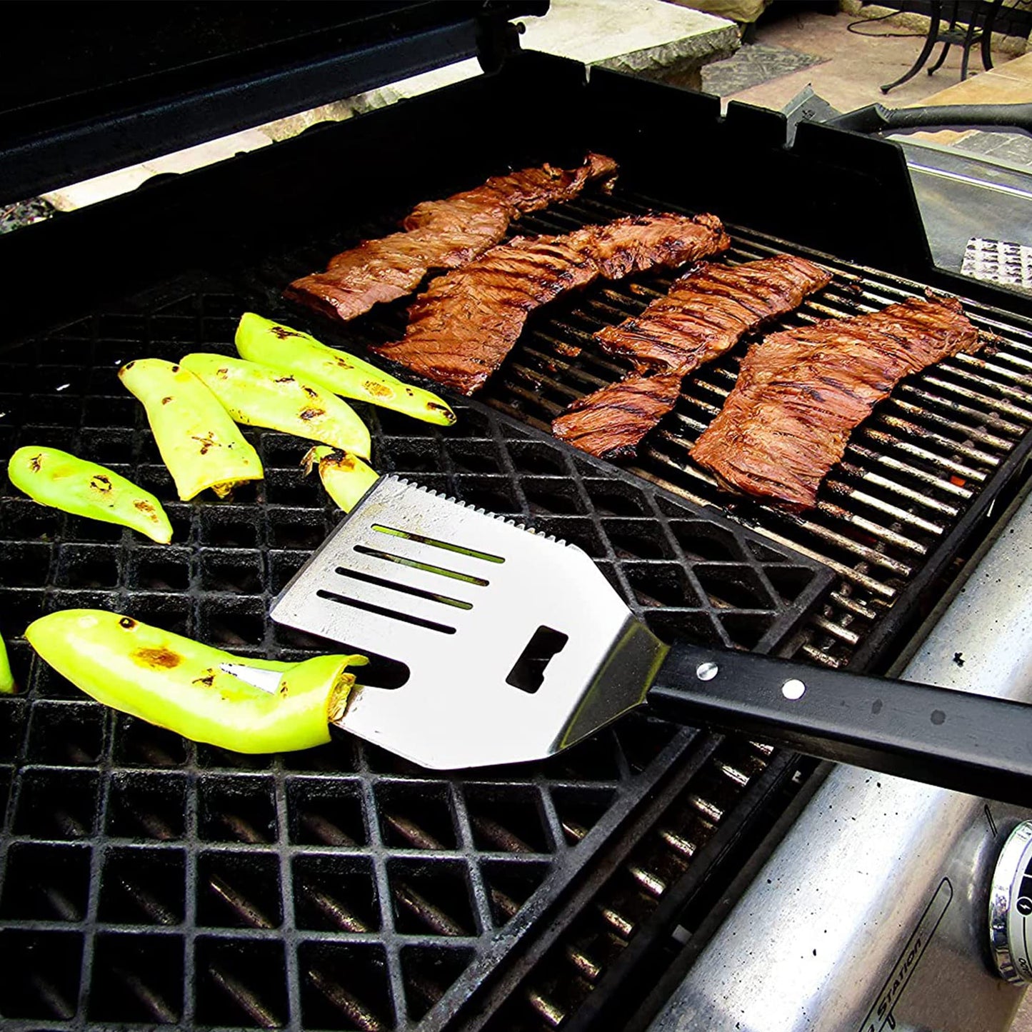 FLIPFORK Boss 5 in 1 Grill Spatula with Knife, Fork, Bottle Opener and Turner BBQ Tools. All in One Grill Accessories Set for Outdoor Grills. 18 inch Grilling Accessories BBQ Set (Black) - CookCave