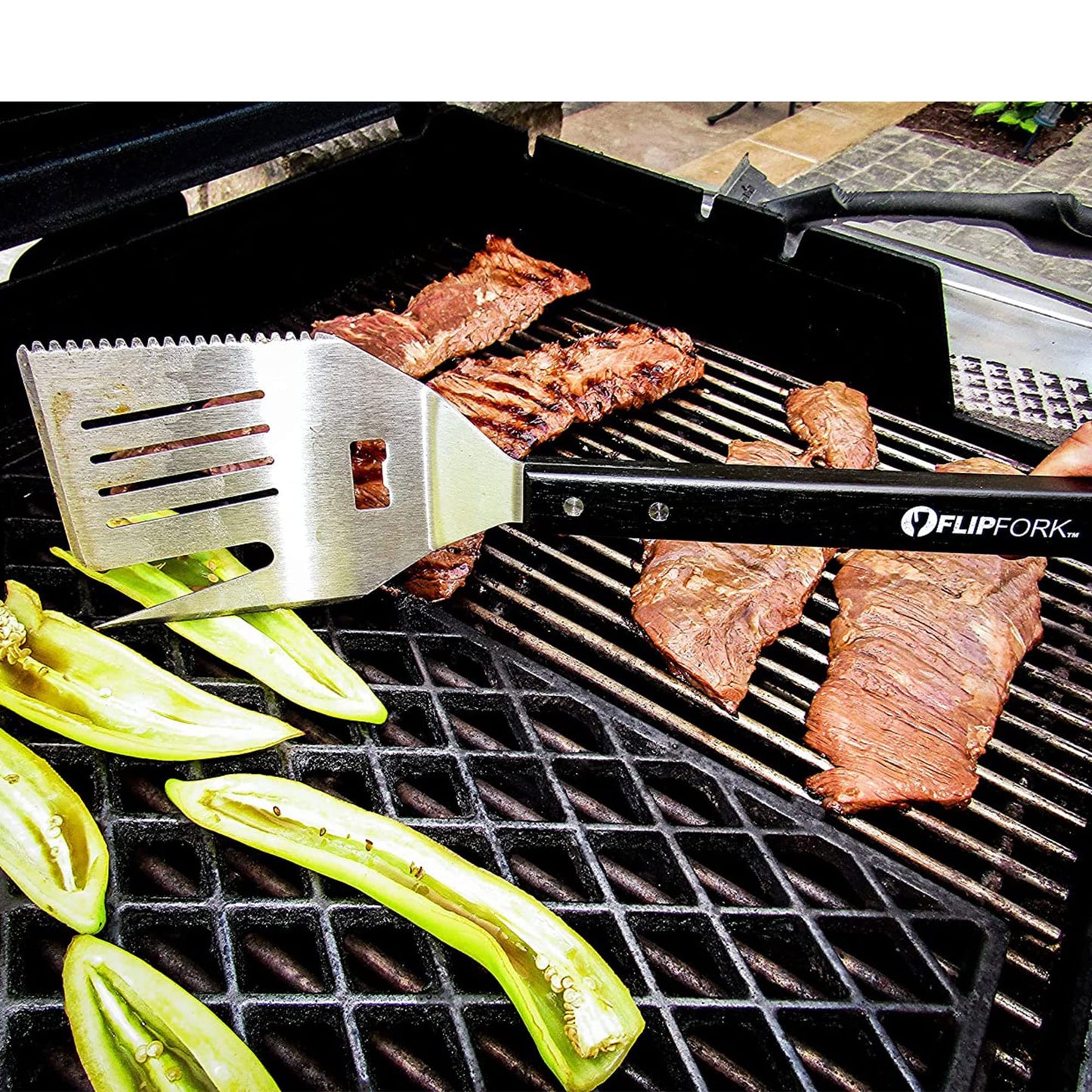 FLIPFORK Boss 5 in 1 Grill Spatula with Knife, Fork, Bottle Opener and Turner BBQ Tools. All in One Grill Accessories Set for Outdoor Grills. 18 inch Grilling Accessories BBQ Set (Black) - CookCave
