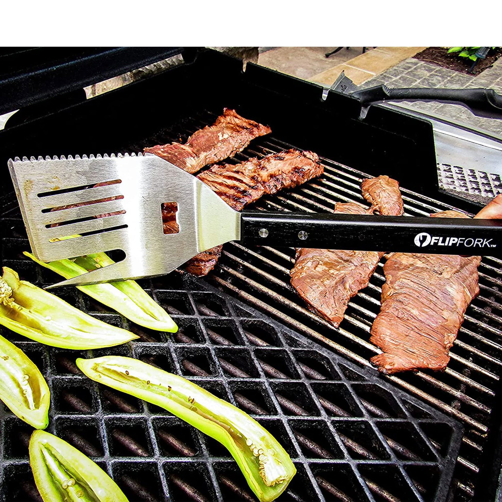 FLIPFORK Boss 5 in 1 Grill Spatula with Knife, Fork, Bottle Opener and Turner BBQ Tools. All in One Grill Accessories Set for Outdoor Grills. 18 inch Grilling Accessories BBQ Set (Black) - CookCave