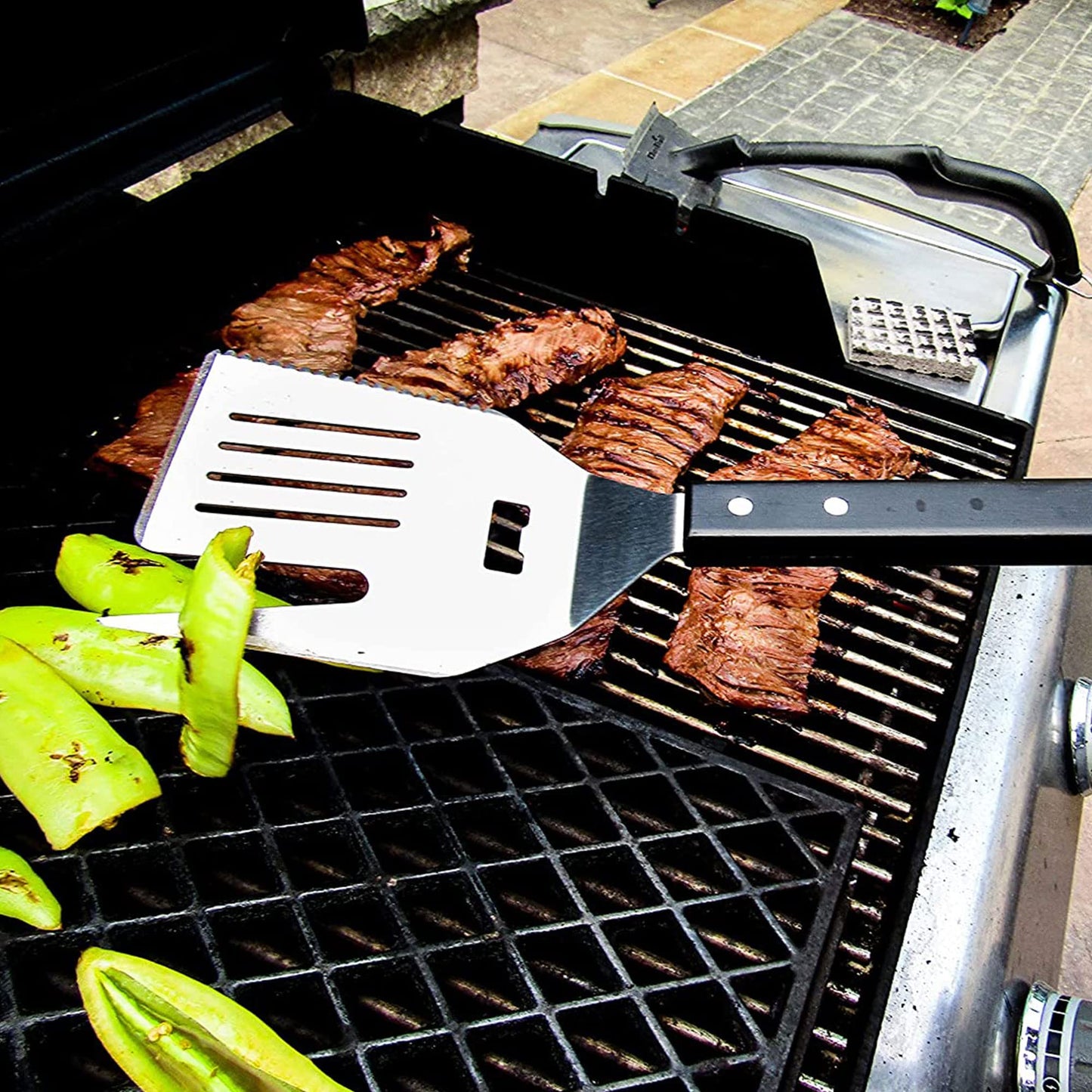 FLIPFORK Boss 5 in 1 Grill Spatula with Knife, Fork, Bottle Opener and Turner BBQ Tools. All in One Grill Accessories Set for Outdoor Grills. 18 inch Grilling Accessories BBQ Set (Black) - CookCave