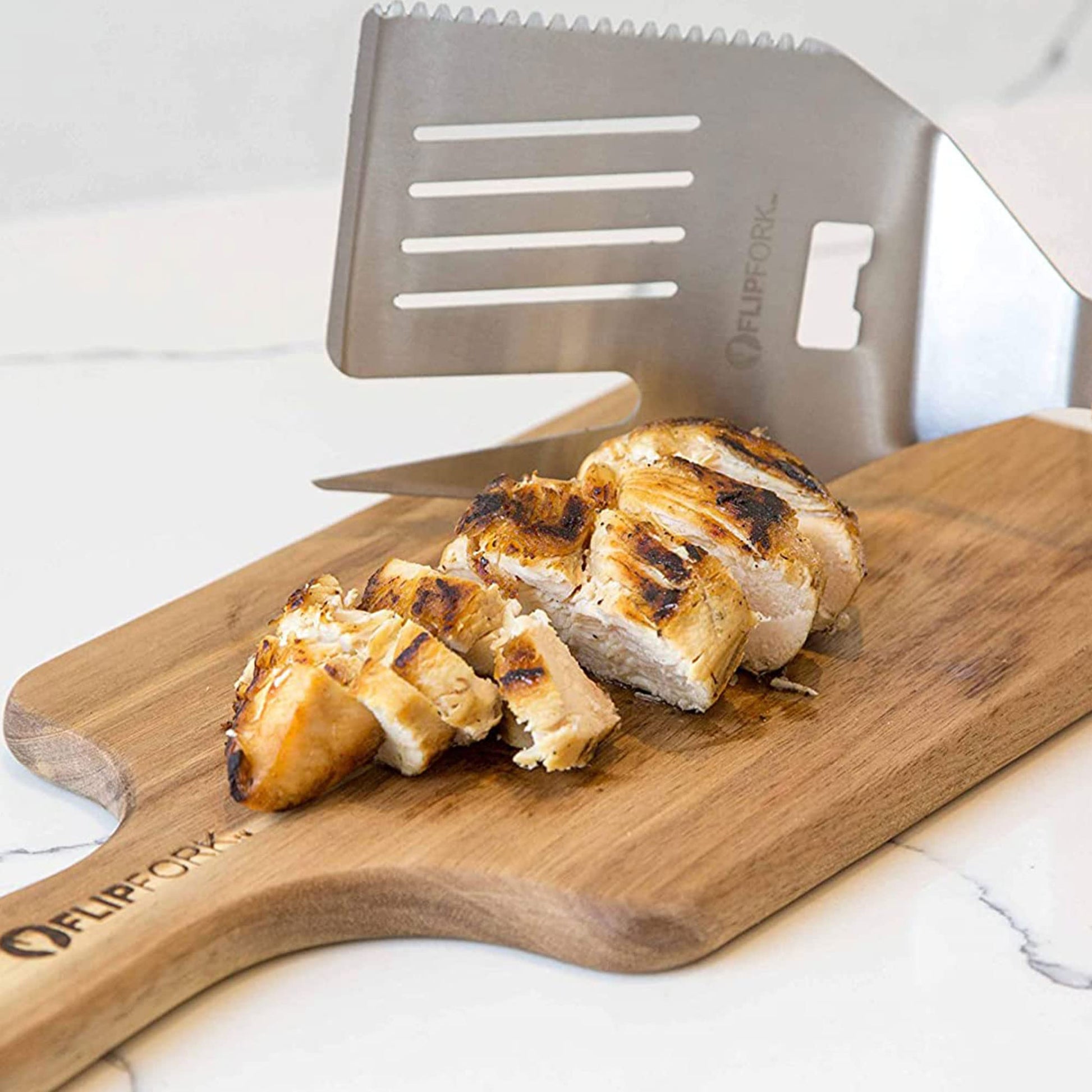 FLIPFORK Boss 5 in 1 Grill Spatula with Knife, Fork, Bottle Opener and Turner BBQ Tools. All in One Grill Accessories Set for Outdoor Grills. 18 inch Grilling Accessories BBQ Set (Black) - CookCave