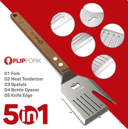 FlipFork Boss - 5 in 1 Grill Spatula with Knife, Fork, Bottle Opener and Turner BBQ Tools. All in One Grill Accessories Set for Outdoor Grills. 18 inch Grilling Accessories BBQ Set - CookCave