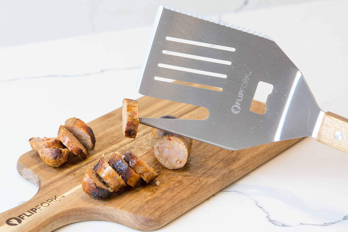 FlipFork Boss - 5 in 1 Grill Spatula with Knife, Fork, Bottle Opener and Turner BBQ Tools. All in One Grill Accessories Set for Outdoor Grills. 18 inch Grilling Accessories BBQ Set - CookCave