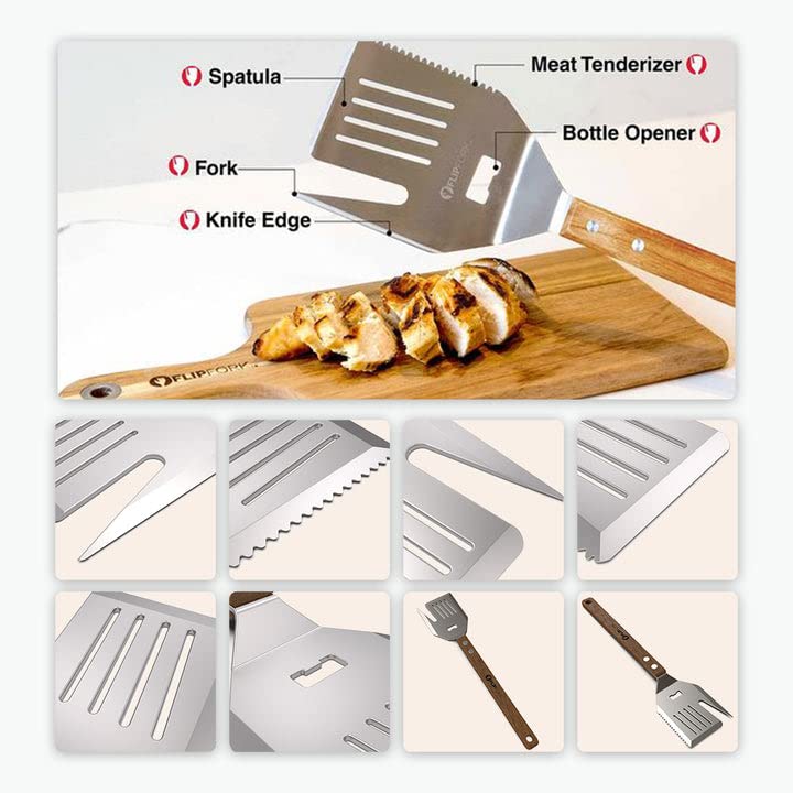 FlipFork Boss - 5 in 1 Grill Spatula with Knife, Fork, Bottle Opener and Turner BBQ Tools. All in One Grill Accessories Set for Outdoor Grills. 18 inch Grilling Accessories BBQ Set - CookCave