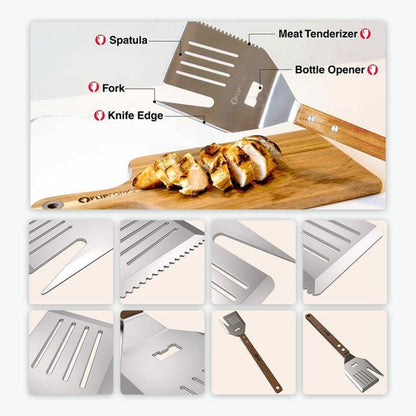 FlipFork Boss - 5 in 1 Grill Spatula with Knife, Fork, Bottle Opener and Turner BBQ Tools. All in One Grill Accessories Set for Outdoor Grills. 18 inch Grilling Accessories BBQ Set - CookCave