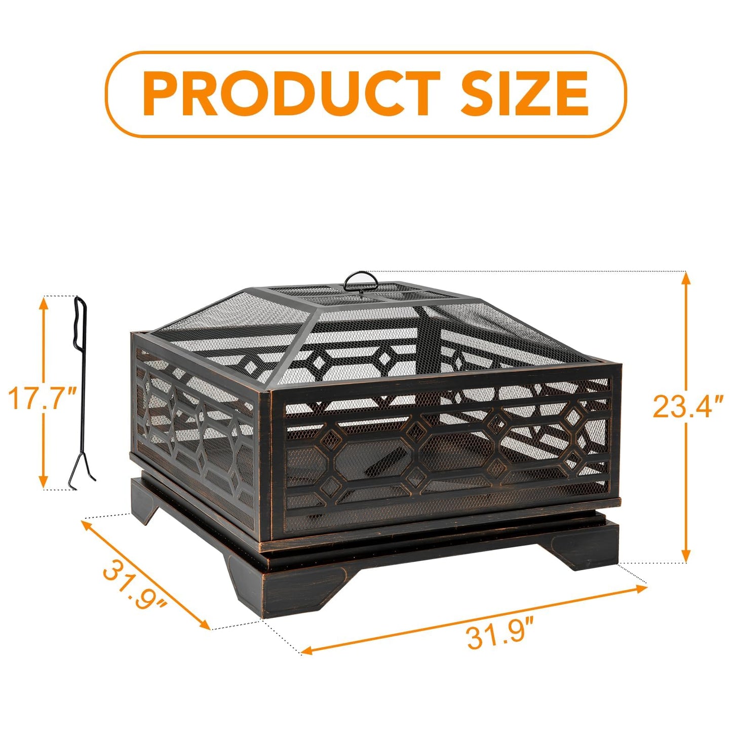 Florise Outdoor Fire Pit, 32 Inch Wood Burning Firepit for Outside with Mesh Cover & Fire Poker, Large Extra Deep Square Metal Fireplace for Patio, Backyard, Camping, Bonfire Party - CookCave