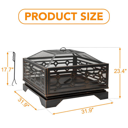 Florise Outdoor Fire Pit, 32 Inch Wood Burning Firepit for Outside with Mesh Cover & Fire Poker, Large Extra Deep Square Metal Fireplace for Patio, Backyard, Camping, Bonfire Party - CookCave