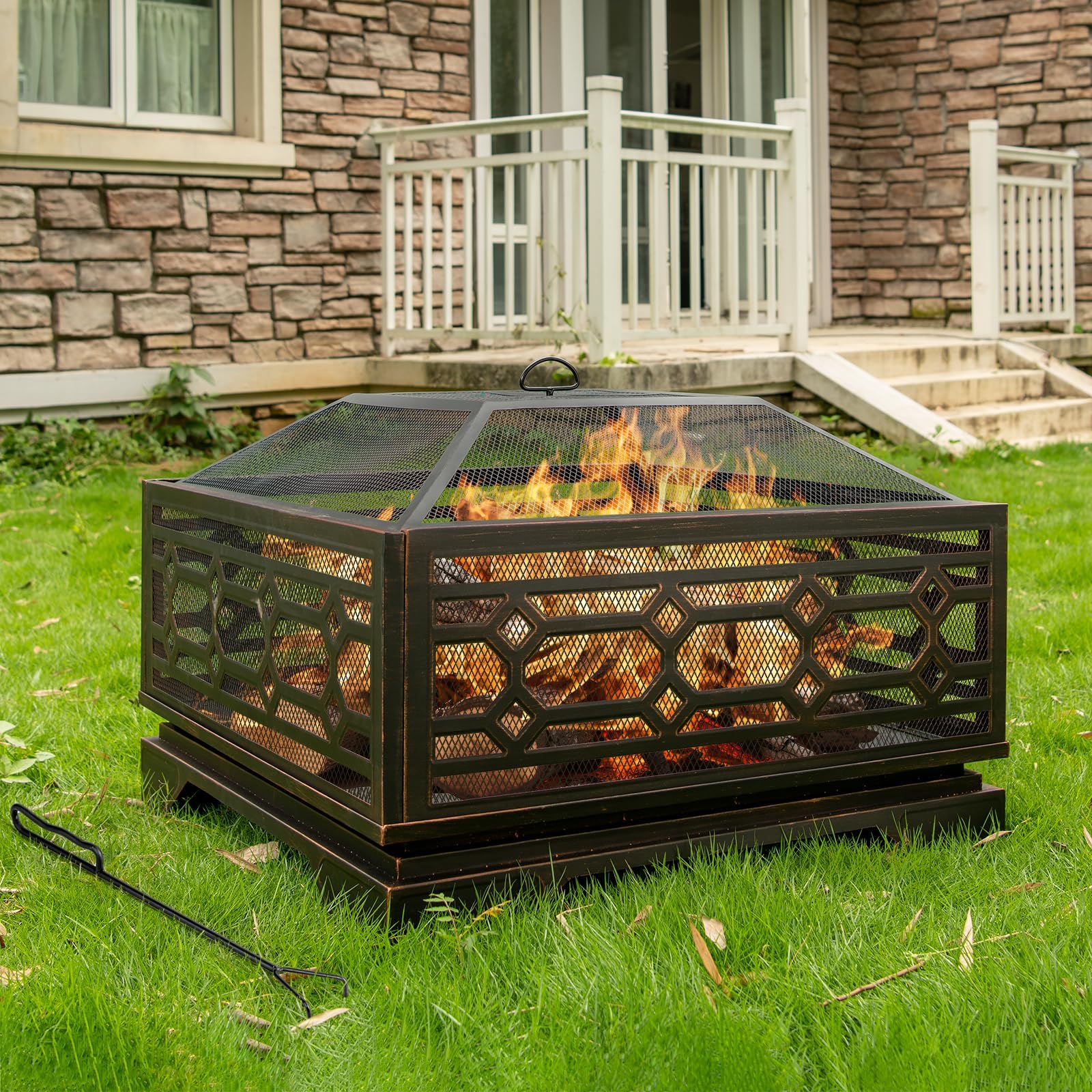 Florise Outdoor Fire Pit, 32 Inch Wood Burning Firepit for Outside with Mesh Cover & Fire Poker, Large Extra Deep Square Metal Fireplace for Patio, Backyard, Camping, Bonfire Party - CookCave
