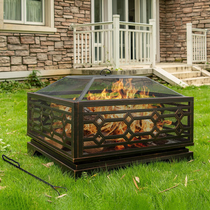 Florise Outdoor Fire Pit, 32 Inch Wood Burning Firepit for Outside with Mesh Cover & Fire Poker, Large Extra Deep Square Metal Fireplace for Patio, Backyard, Camping, Bonfire Party - CookCave