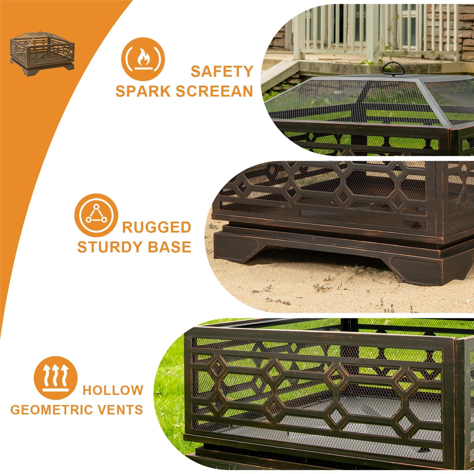 Florise Outdoor Fire Pit, 32 Inch Wood Burning Firepit for Outside with Mesh Cover & Fire Poker, Large Extra Deep Square Metal Fireplace for Patio, Backyard, Camping, Bonfire Party - CookCave