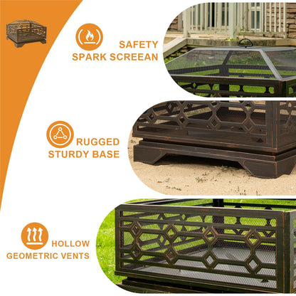 Florise Outdoor Fire Pit, 32 Inch Wood Burning Firepit for Outside with Mesh Cover & Fire Poker, Large Extra Deep Square Metal Fireplace for Patio, Backyard, Camping, Bonfire Party - CookCave