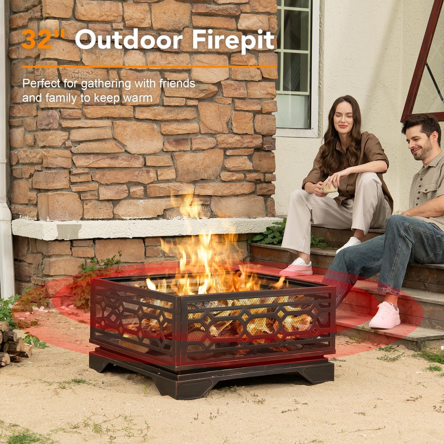 Florise Outdoor Fire Pit, 32 Inch Wood Burning Firepit for Outside with Mesh Cover & Fire Poker, Large Extra Deep Square Metal Fireplace for Patio, Backyard, Camping, Bonfire Party - CookCave