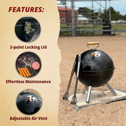 Freedom Stove 12 Inch Portable Outdoor Charcoal Grill - Lightweight - Latching Lid - Tailgating, Camping, Family Gatherings - Black - CookCave