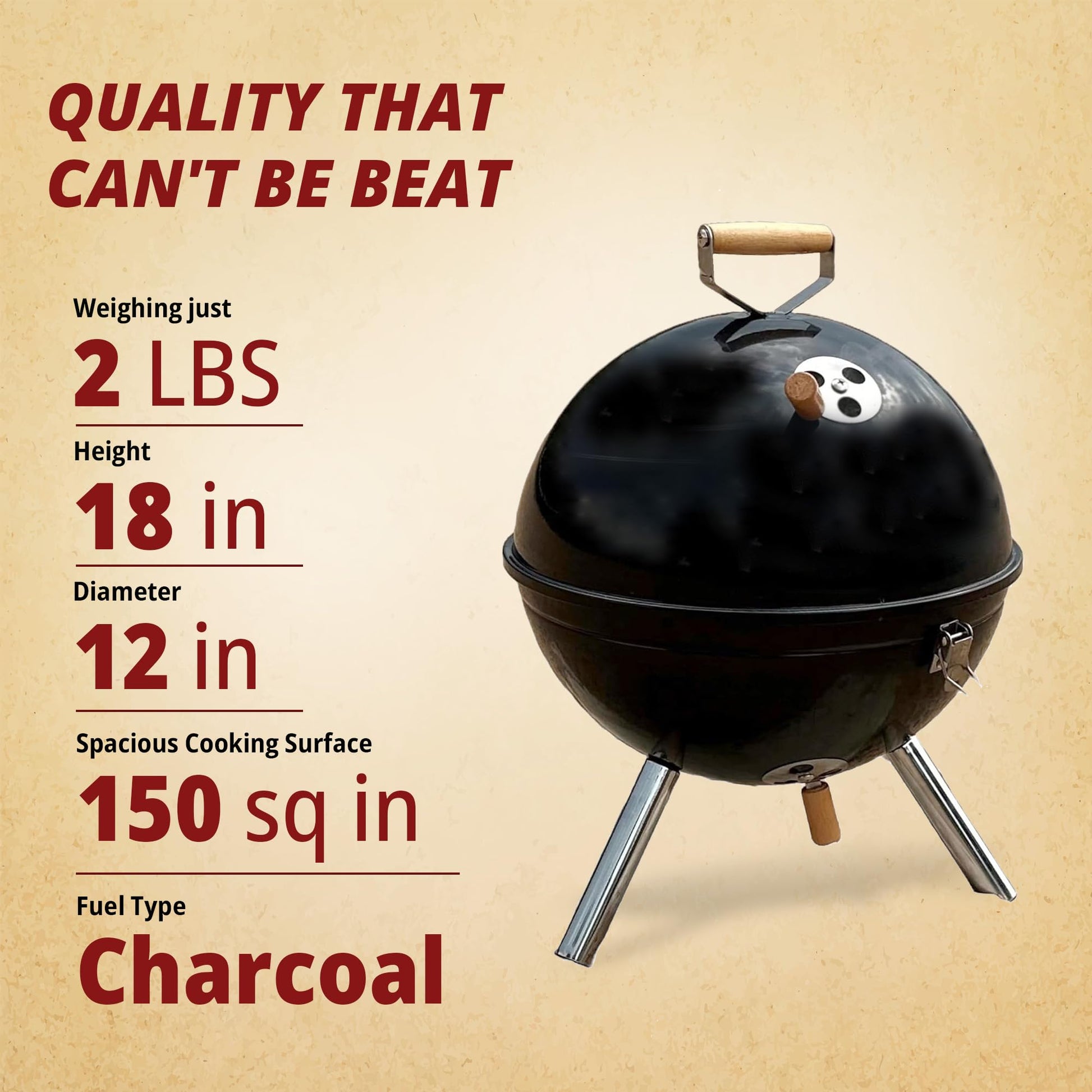 Freedom Stove 12 Inch Portable Outdoor Charcoal Grill - Lightweight - Latching Lid - Tailgating, Camping, Family Gatherings - Black - CookCave